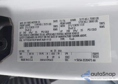 2017 Ford F-150 King Ranch z USA, uszkodzony, nr VIN 1FTEW1EF9HFA81113